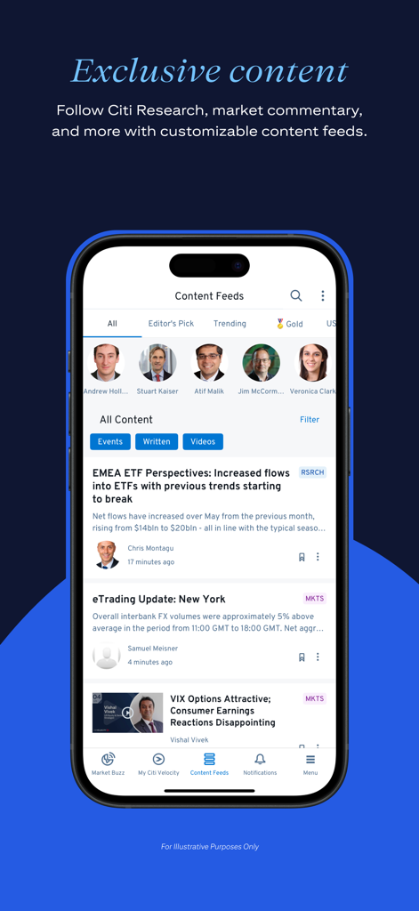 A smartphone display of the Citi Velocity app showing a personalized financial content feed with market research and analyst updates.