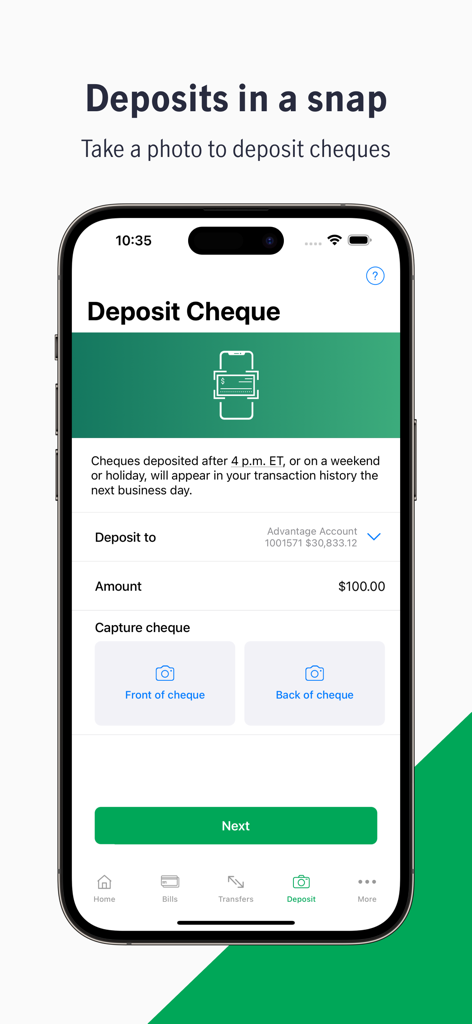 Manulife Bank mobile app screen showing the remote cheque deposit feature with photo capture options