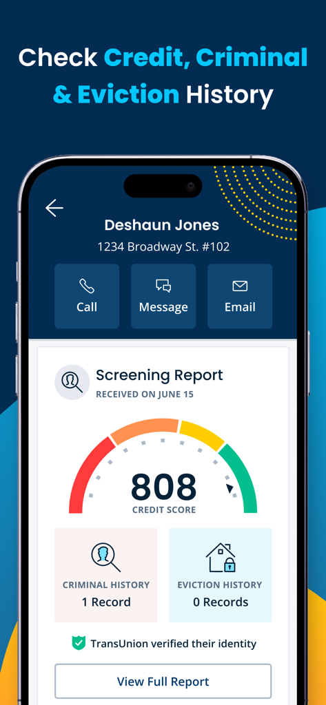 TurboTenant for Landlords - TurboTenant app showing a tenant screening report with an 808 credit score, criminal history, and eviction record check.