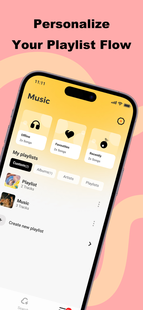 SonicNest app interface displaying personalized playlists and music management options