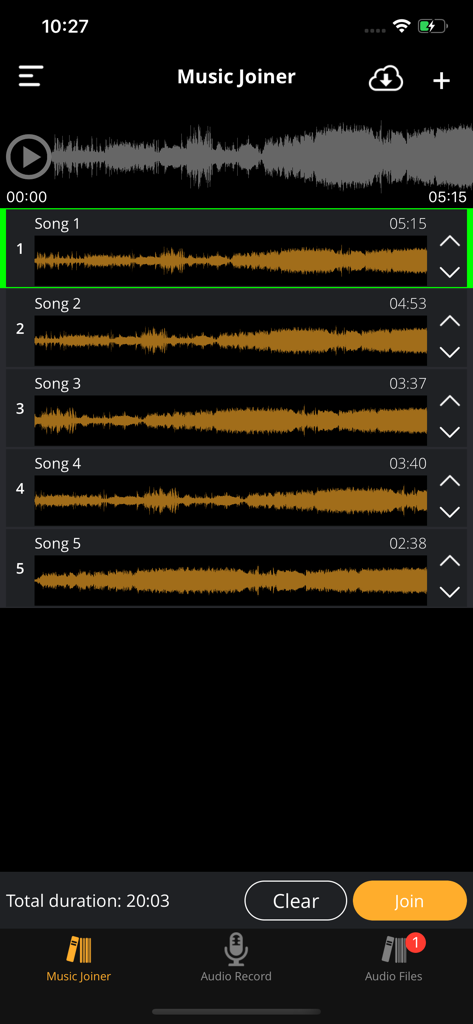 Interface of the Music Joiner app showing five audio tracks with waveforms ready to be merged.