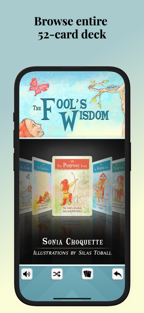A mobile app interface displaying a carousel of illustrated oracle cards from The Fool's Wisdom deck.