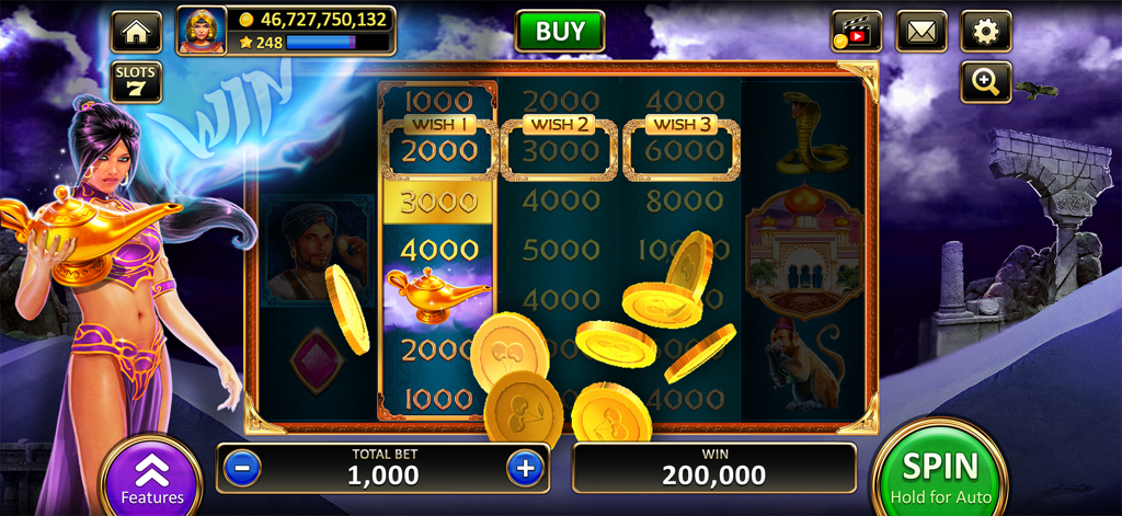 Genie themed slot machine screen with a woman holding a lamp and falling gold coins