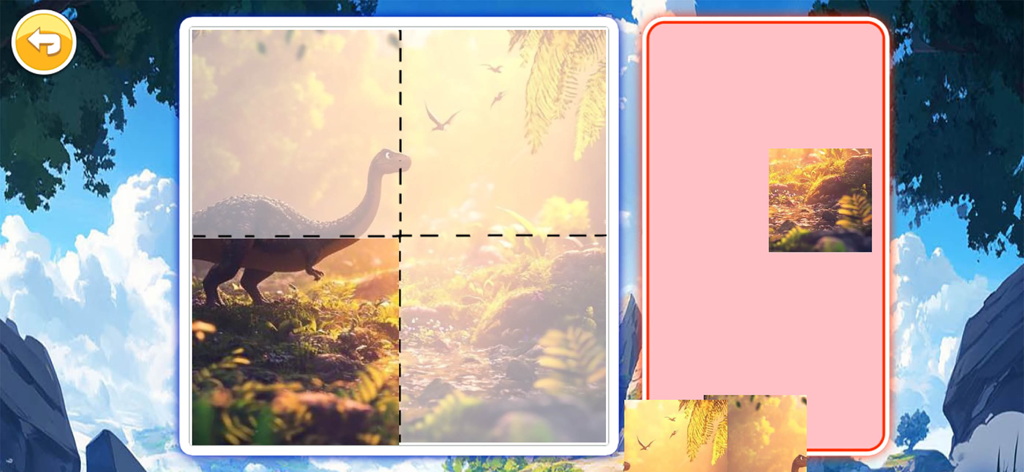 Dinosaur jigsaw puzzle game for children showing a simple puzzle of a long necked dinosaur in a prehistoric forest