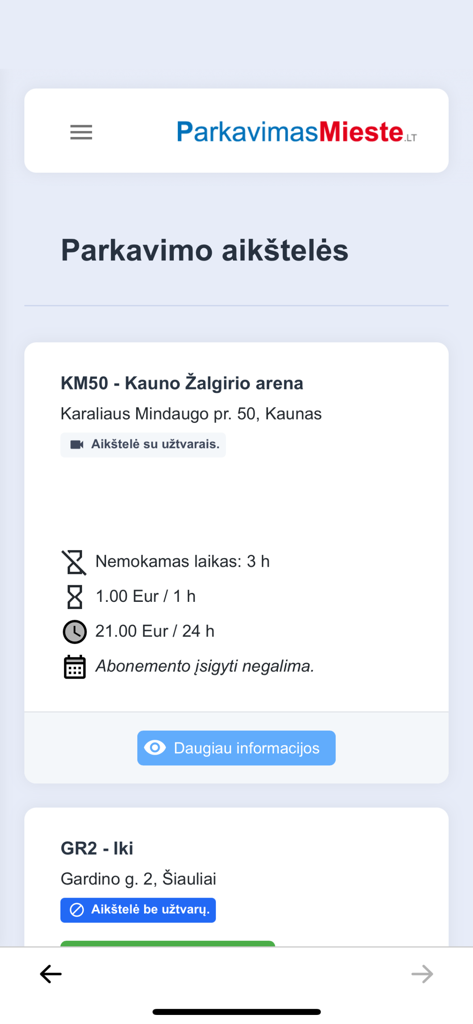 ADCParking - ADCParking app screen showing a list of available parking lots with locations and hourly rates