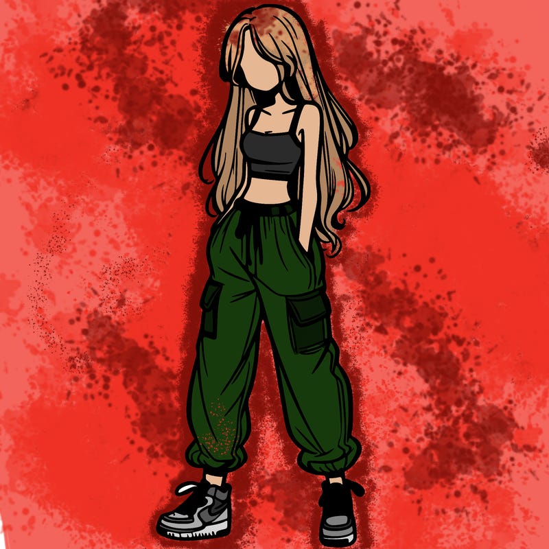 girl in baggy pants crop top and long hair