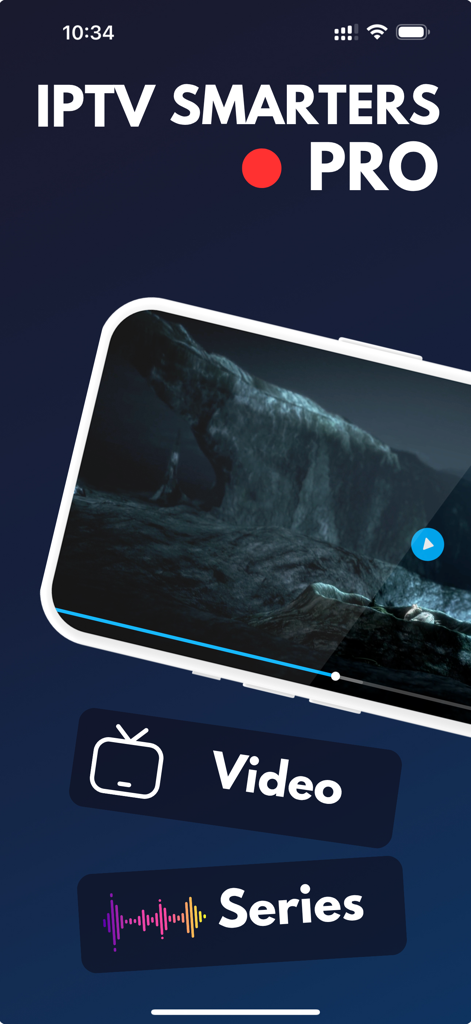 Smarters IPTV Pro Startbildschirm mit Navigationsschaltflächen für Video und Serien