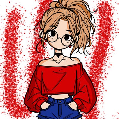 girl with a messy ponytail glasses a baggy crop top and jean shorts
