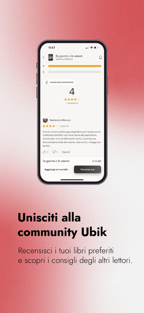 Interface d'application mobile montrant les critiques de livres et les notes de la communauté pour un roman dans l'application librairie my ubik.