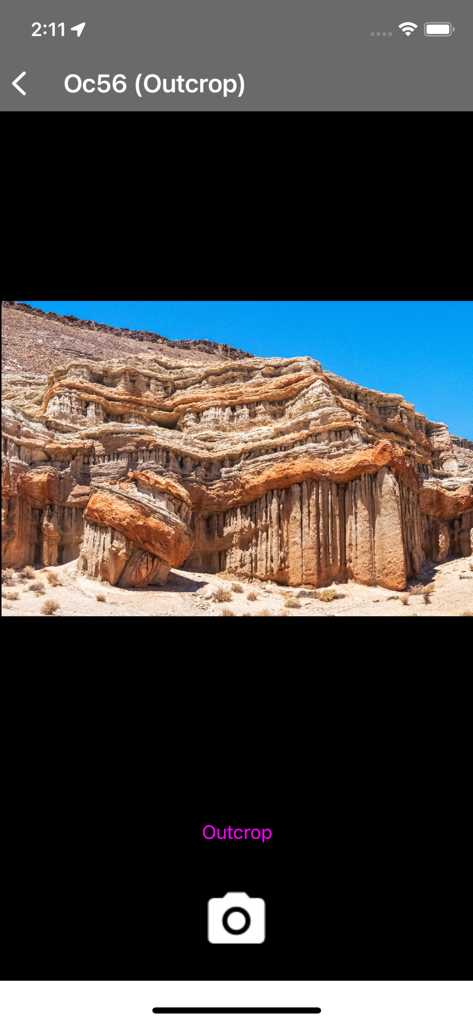 Imago Capture - Écran de l'application Imago Capture présentant une photo d'affleurement géologique prête à être téléchargée dans le cloud