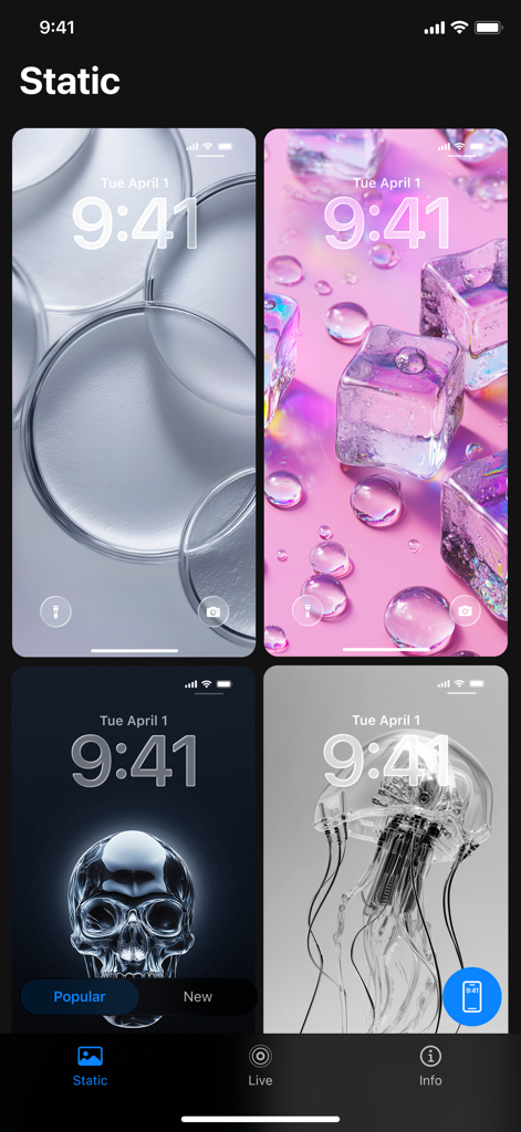 Liquid Wallpapers 26 Themes - Screenshot of the Liquid Wallpapers app showing a gallery of static glass and liquid themed designs including a crystal skull and jellyfish