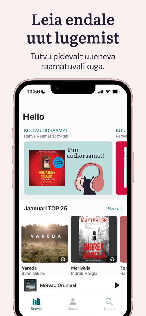 Browse screen of the Rahva Raamat mobile app showing Estonian audiobooks and ebooks