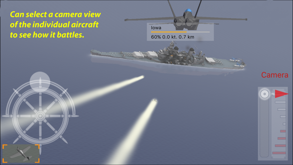 Naval Craft - An aircraft camera view showing a battleship under attack in Naval Craft