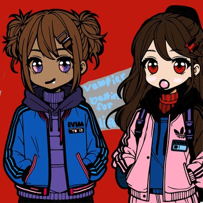 two anime girls wearing streetwear