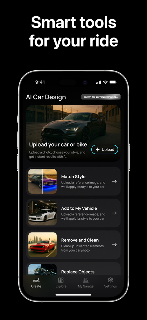 Mods: AI Car Designer & Tuning - Home screen of the Mods AI Car Designer app featuring customization tools for cars and bikes