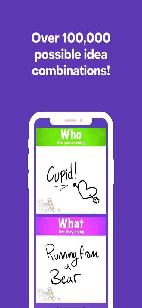WannaDraw app interface showing a random drawing prompt for Cupid running from a bear