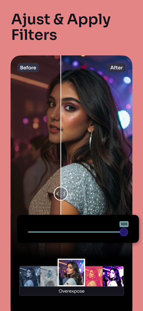 Comparação de antes e depois de uma foto usando filtros e ajustes no aplicativo Mirage