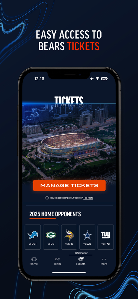 Chicago Bears Official App - Pantalla de gestión de boletos de la aplicación de los Chicago Bears que muestra Soldier Field y los oponentes en casa de 2025