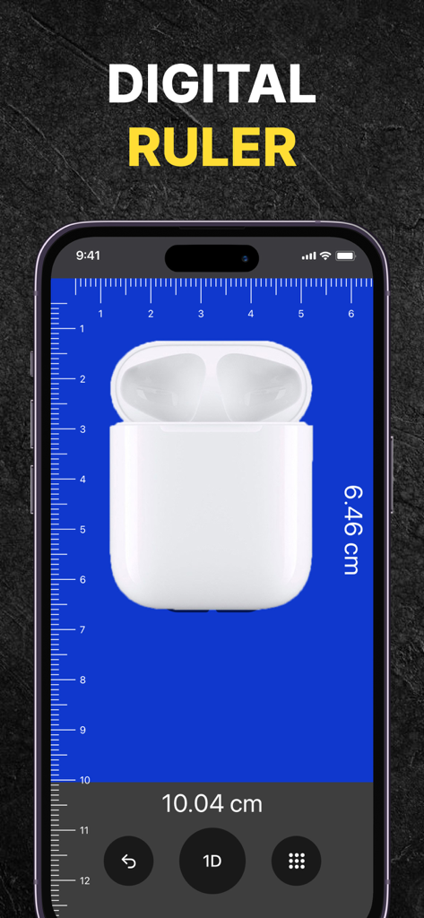 Measuring Tape+ Measure AR app - Pantalla de iPhone mostrando la función de regla digital de la aplicación Cinta Métrica+ midiendo un objeto en centímetros.