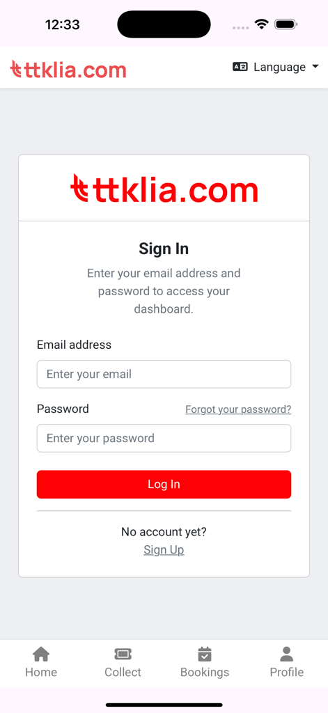 TTKLIA - TTKLIA app login screen with email and password fields