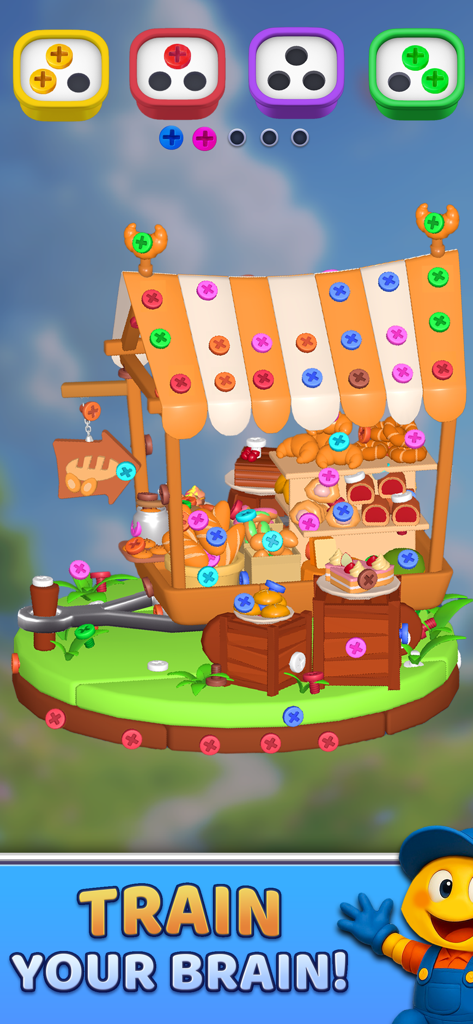 Screw Out Factory: Puzzle 3D - Un puzzle logico 3D con viti colorate su una bancarella a tema pasticceria con uno slogan sull'allenamento cerebrale