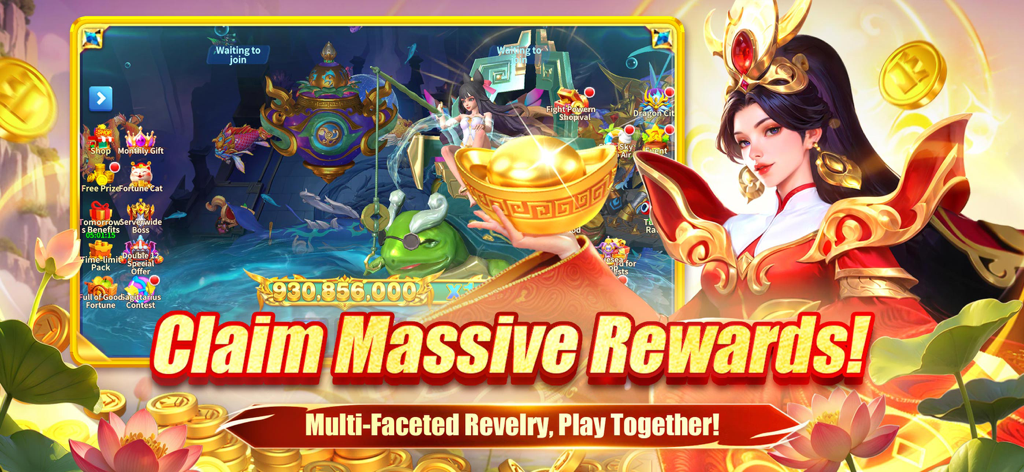 Fishing Party-Happy Casino - Um personagem segurando um lingote de ouro ao lado de um banner Reivindique Recompensas Massivas em Fishing Party-Happy Casino