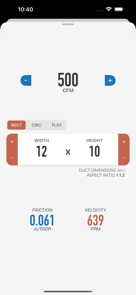 Interface of the Ductulator app calculating friction and velocity for rectangular duct sizing.