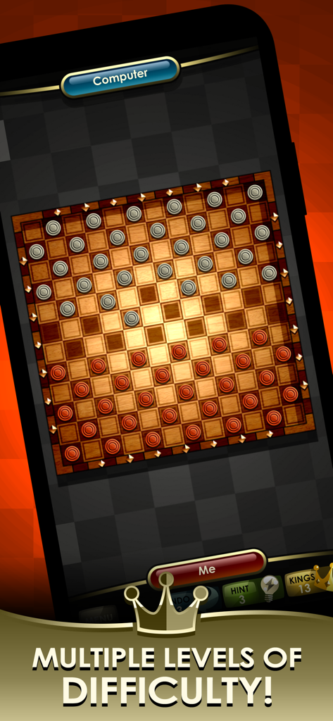 Tablero de juego móvil Checkers Royale mostrando piezas rojas y plateadas con texto de múltiples niveles de dificultad.