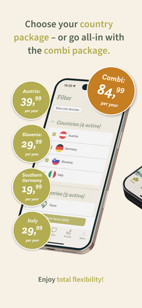 Pricing screen for Schau aufs Land app showing annual subscription packages for Austria Germany Slovenia and Italy