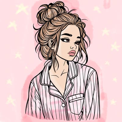 realistic woman with pajamas on and a messy bun