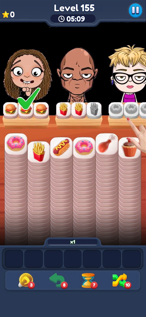 Food Match 3D: Tile Puzzle - Un écran de jeu mobile montrant des tuiles de nourriture associées pour satisfaire les commandes des clients dans Food Match 3D