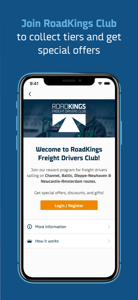 DFDSアプリのRoadKings Freight Drivers Club画面。報酬プログラムの詳細が表示されています。