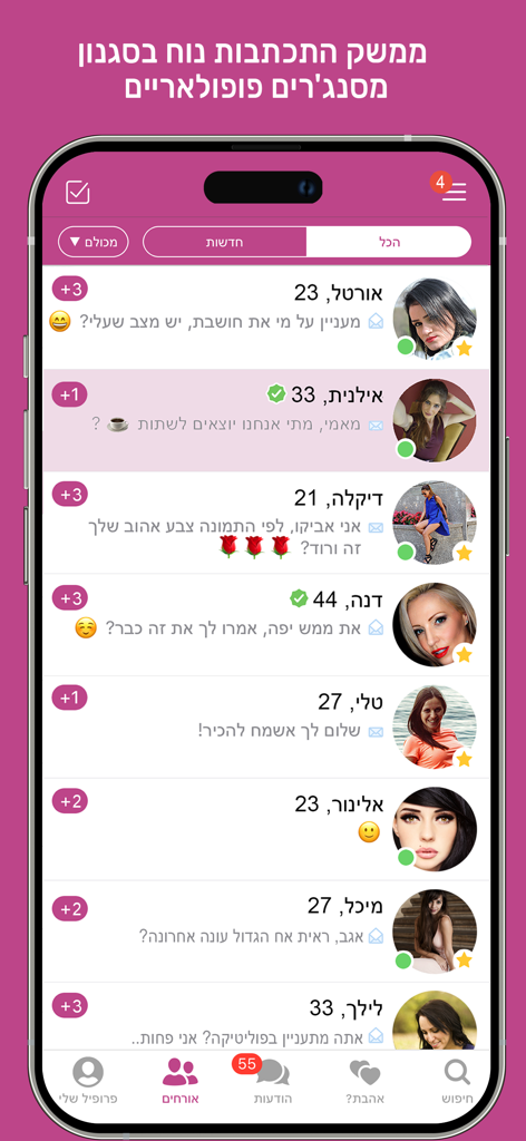 DATELAND - רשת אתרי הכרויות - Mobile interface of Dateland dating app displaying a list of message conversations with verified user profiles.