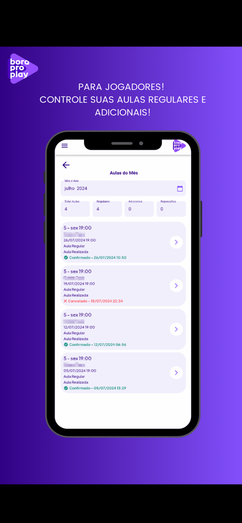 Bora Pro Play - Bora Pro Play app interface displaying a monthly class schedule for players