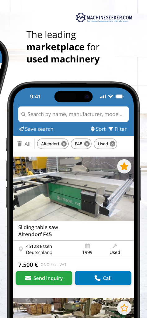 Machineseeker - Screenshot of the Machineseeker app showing a used sliding table saw listing with pricing and inquiry buttons