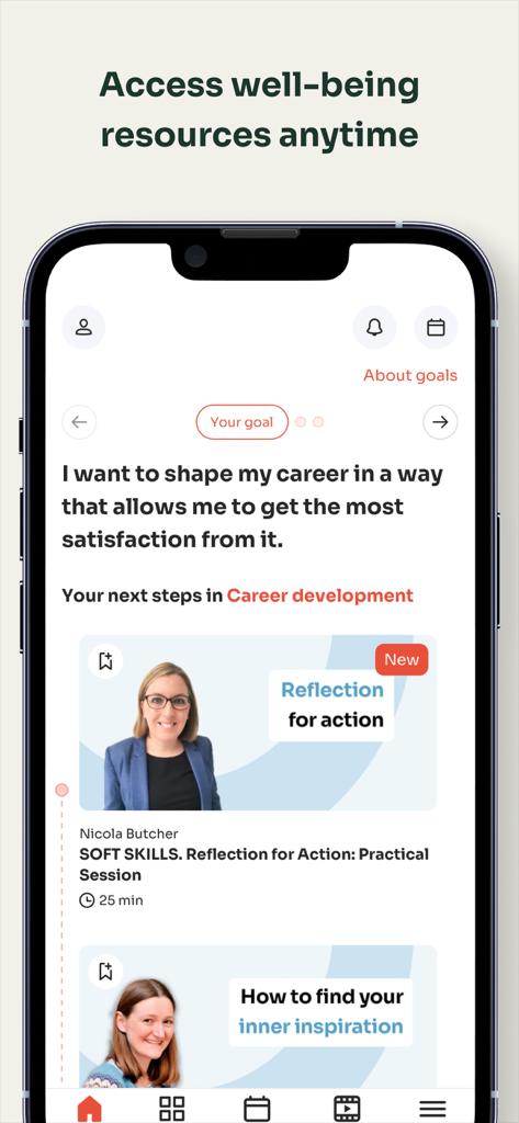 Mindgram - Mindgram app dashboard showing career advancement goals and professional well being resources