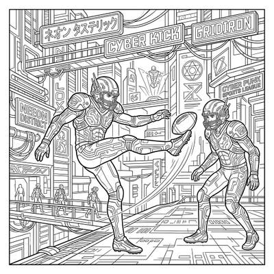 Step onto the futuristic digital field with this exhilarating cyberpunk punters coloring page, capturing intense American football action. Featuring high-tech gear and a neon-drenched cityscape, it offers a dynamic and engaging challenge perfect for teen artists.