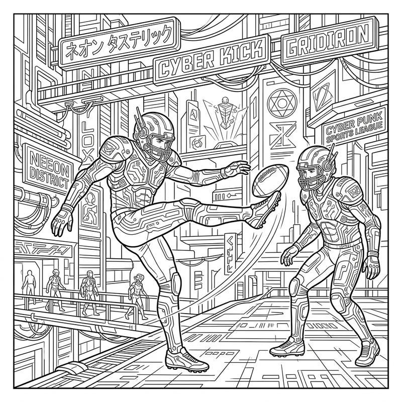 Step onto the futuristic digital field with this exhilarating cyberpunk punters coloring page, capturing intense American football action. Featuring high-tech gear and a neon-drenched cityscape, it offers a dynamic and engaging challenge perfect for teen artists.