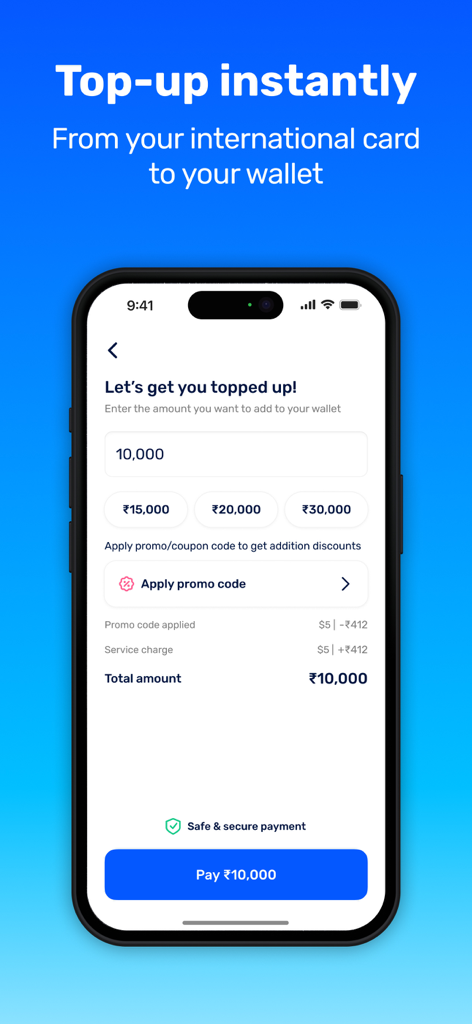 Mobile app screen for topping up a UPI wallet from an international card