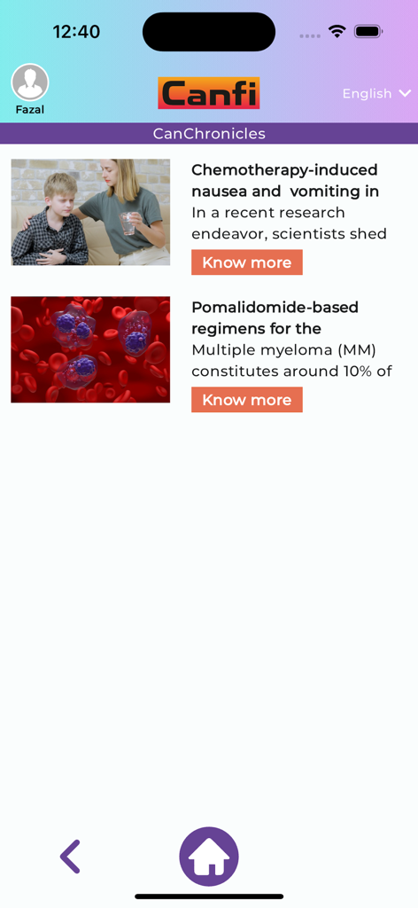 MSN Canfi - MSN Canfi mobile app interface displaying oncology medical articles and therapy guidelines