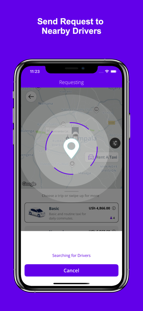 Lyf. - Interfaz de la super app Lyf buscando conductores cercanos en un mapa de Kampala