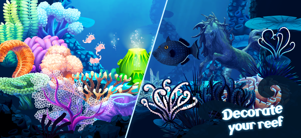 Splash — Fish Aquarium - A split screen showing a bright daytime reef and a dark nighttime reef with various corals and decorations.