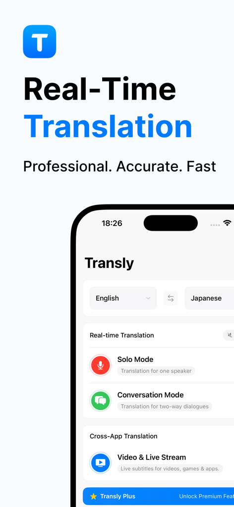 Interface of Transly Live Translator app showing real-time translation modes including solo mode conversation mode and cross-app video translation features