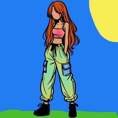 girl in baggy pants crop top and long hair