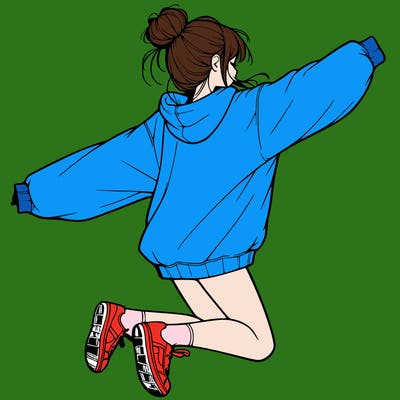realistic girl jumping with a bun and oversized sweatshirt