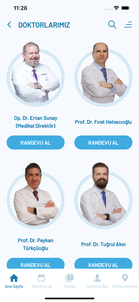 Veni Vidi Göz - Lista de oftalmólogos con botones de reserva de citas en la aplicación Veni Vidi Goz