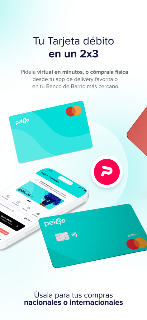 PeiGo - PeiGo mobile app interface showing virtual and physical Mastercard debit cards for international purchases