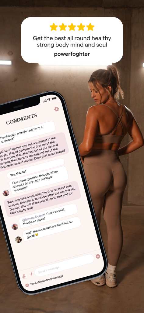 Beyond App mobile screen showing community chat for workout advice and a five-star review