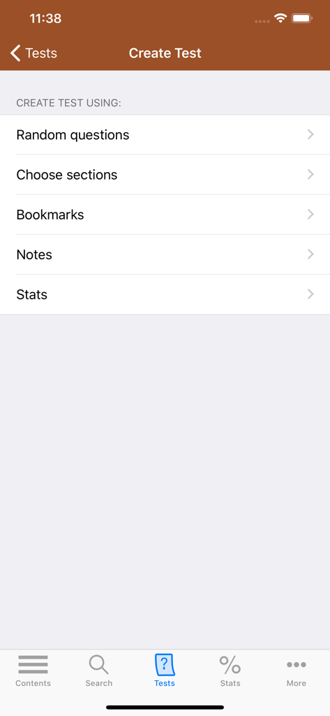 A mobile app screen titled Create Test with options for random questions, sections, bookmarks, notes, and stats.