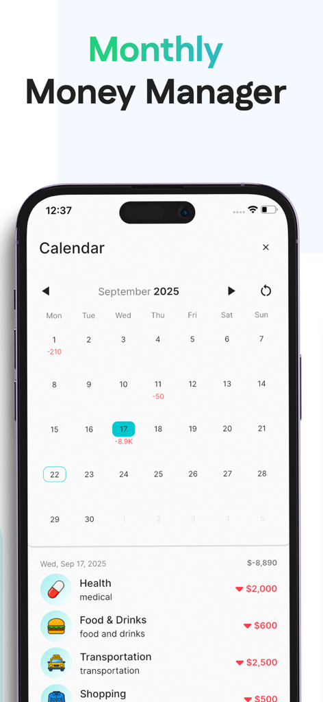 Rolly: AI Budget Money Tracker - Monthly money manager calendar view in the Rolly AI Budget app showing daily spending categories